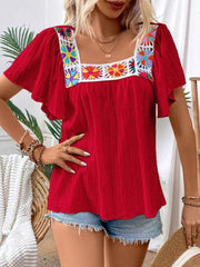 Embroidered Square Neck Flutter Sleeve Blouse 