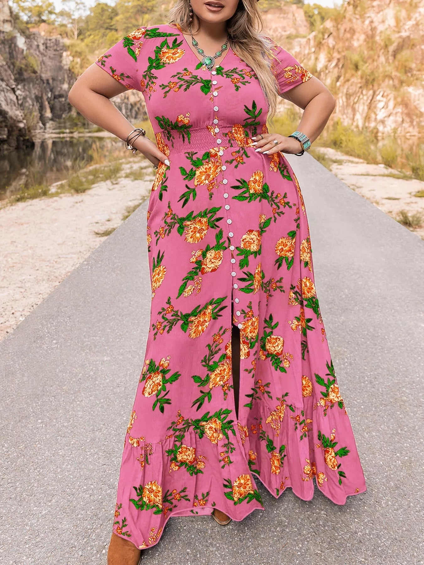 Plus Size Floral V-Neck Short Sleeve Maxi Dress 
