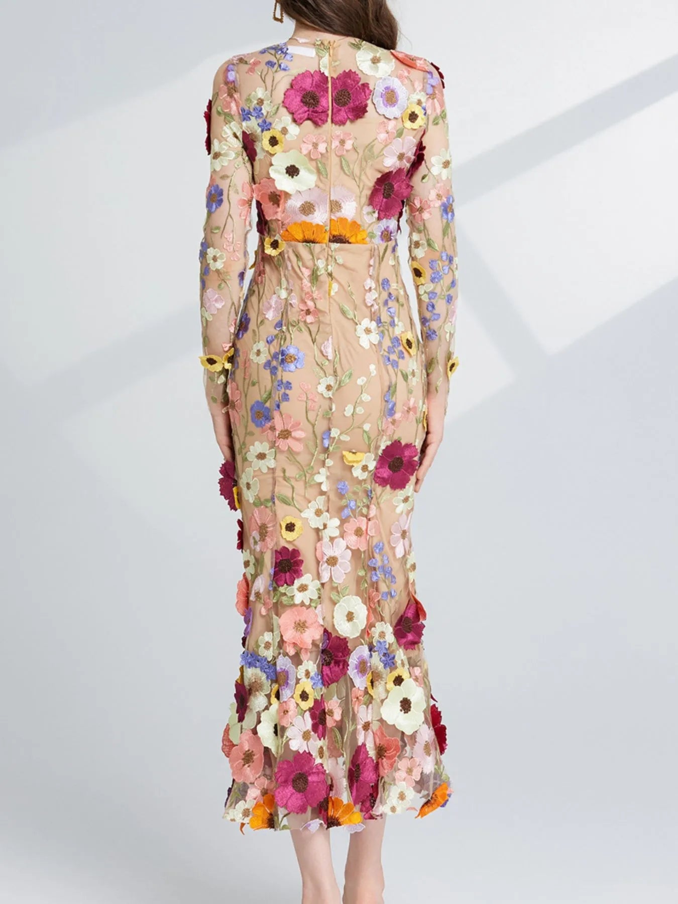 Floral Embroidered Mesh Long Sleeve Midi Dress 