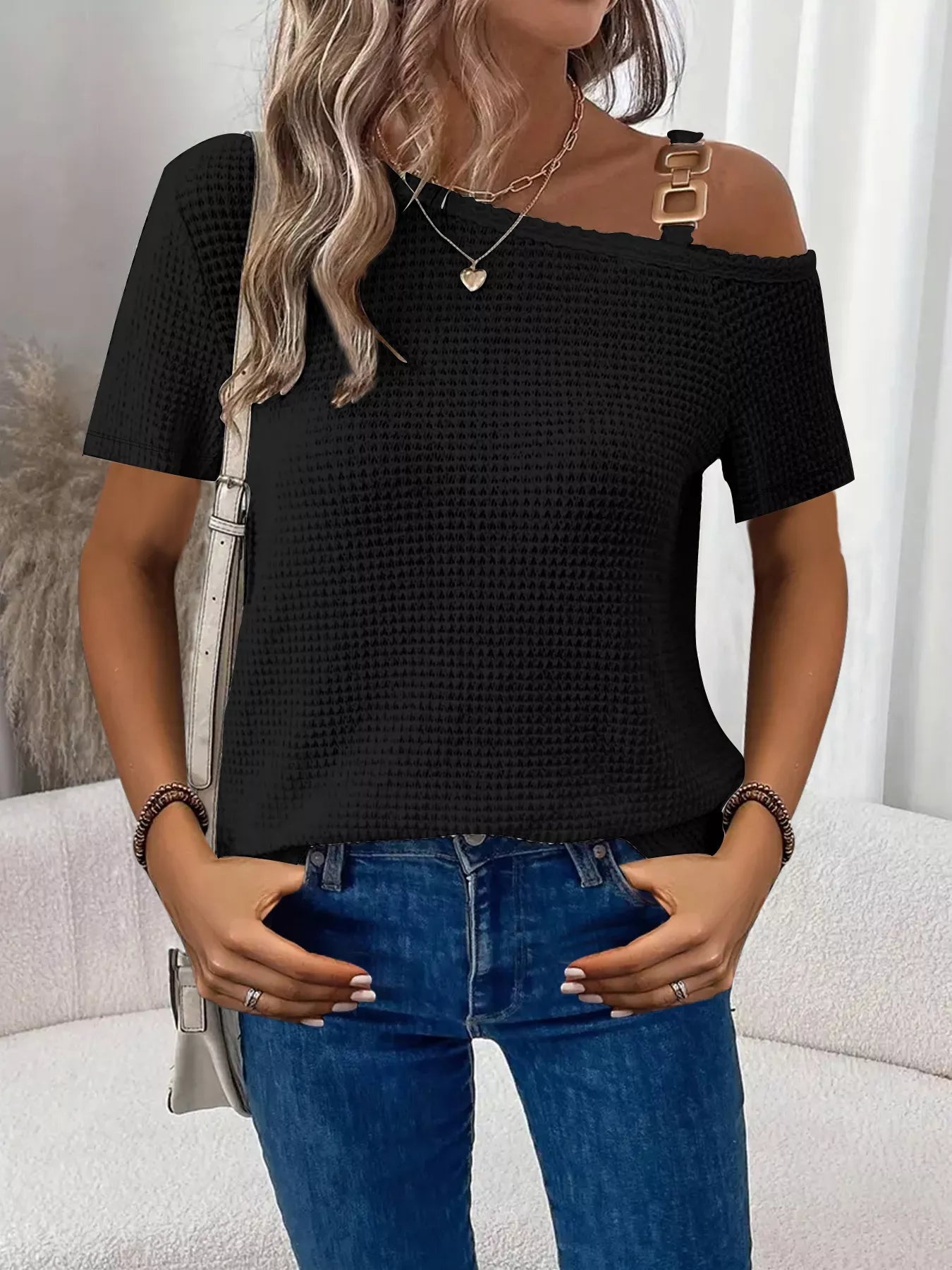 One-Shoulder Chain Detail Waffle Knit T-Shirt 