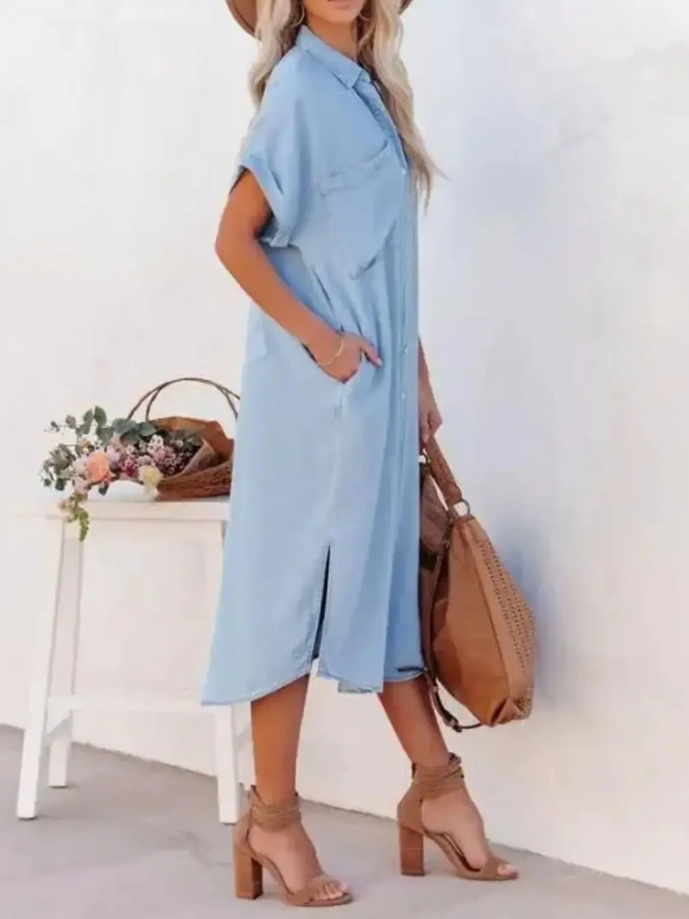 Button Down Denim Midi Shirt Dress 
