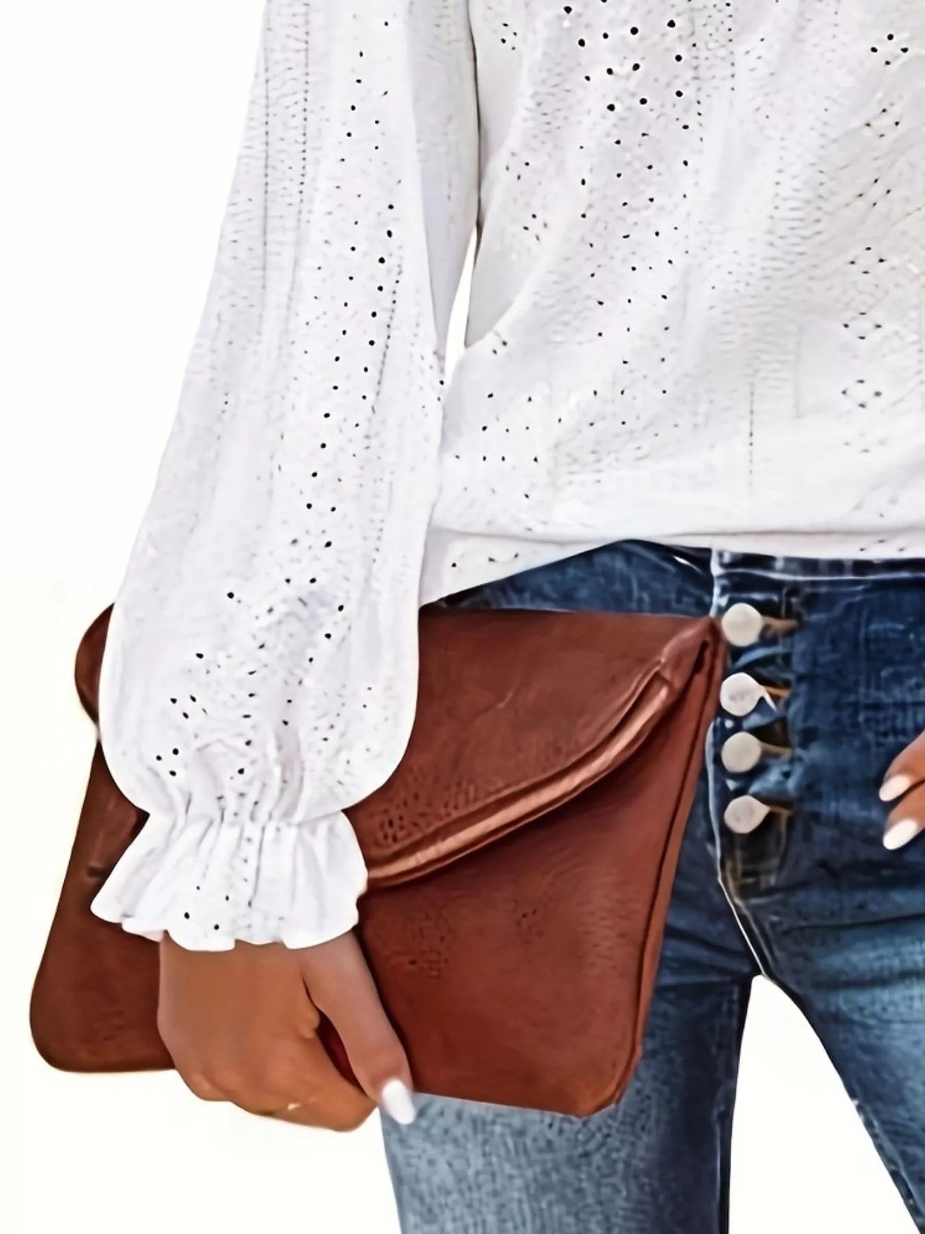 Plus Size Eyelet V-Neck Flounce Sleeve Blouse 