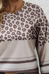 Plus Size Leopard Round Neck Long Sleeve Top 