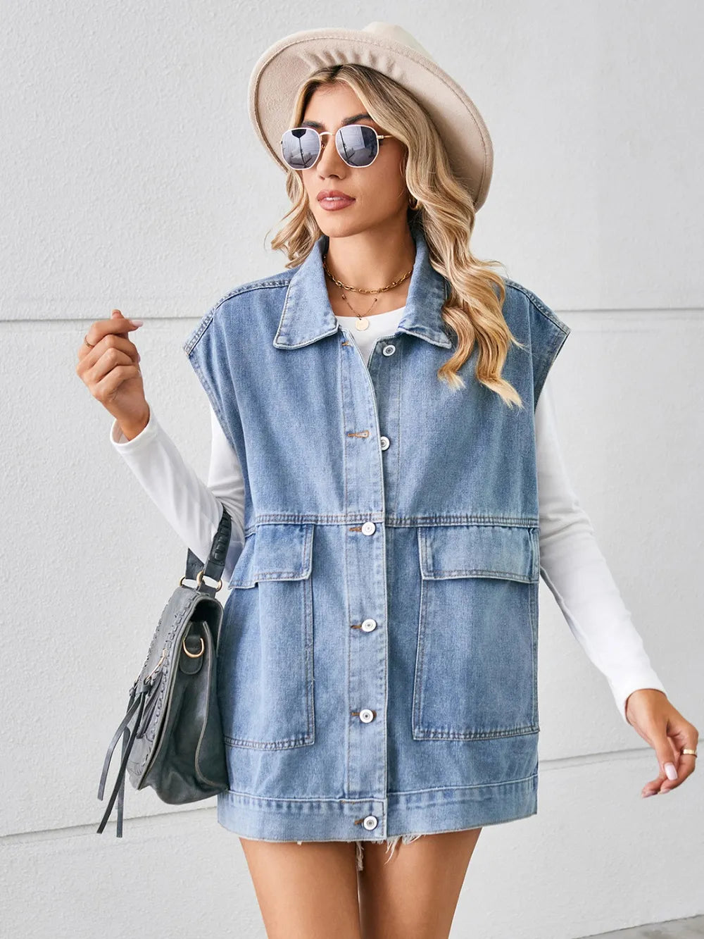 Pocketed Button Up Sleeveless Denim Jacket 