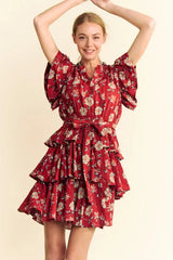 Davi & Dani Ruffle Flutter Sleeve Tie Belt Tiered Mini Dress 