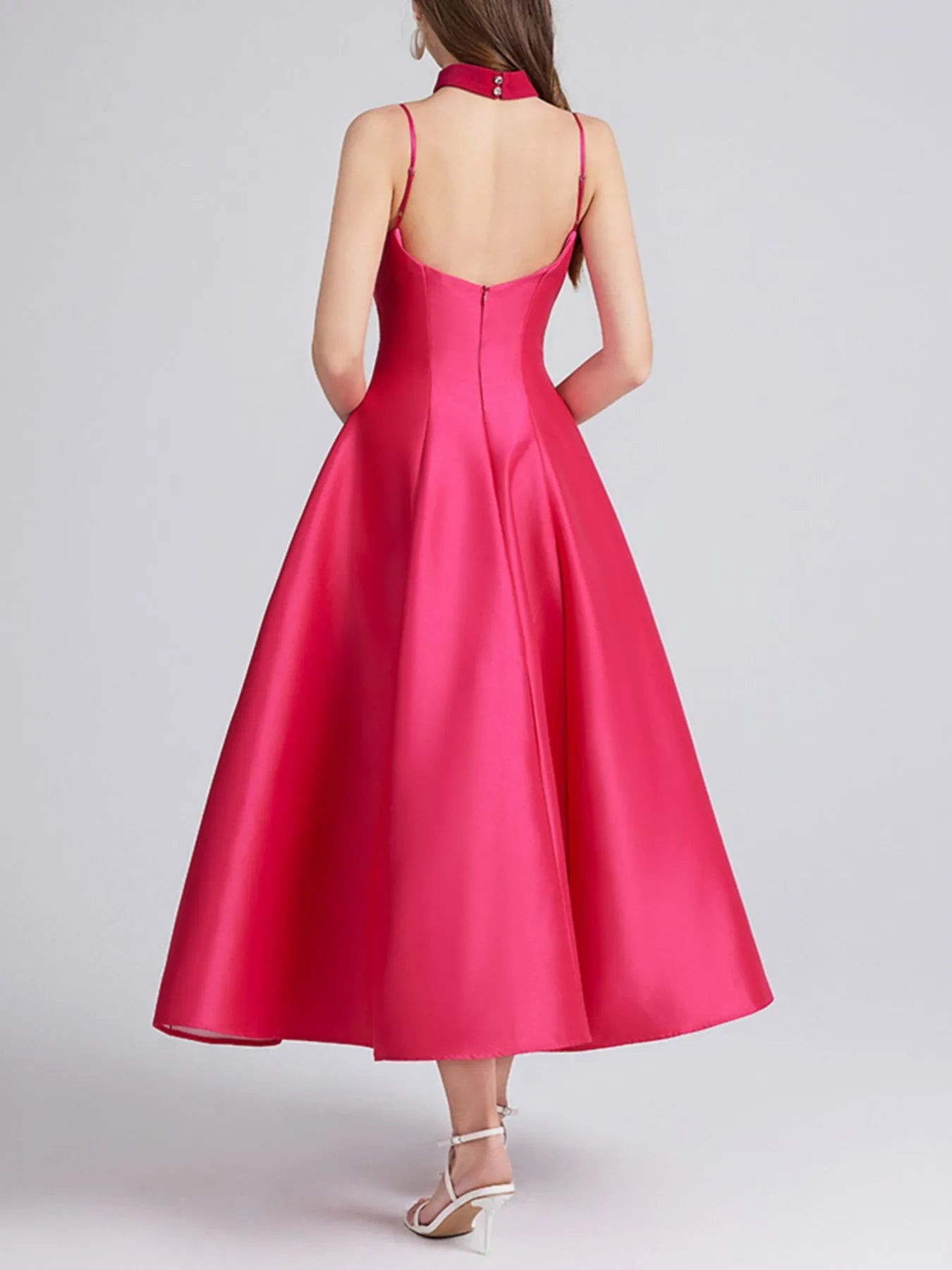Sweetheart Spaghetti Strap Midi Dress with Collar 