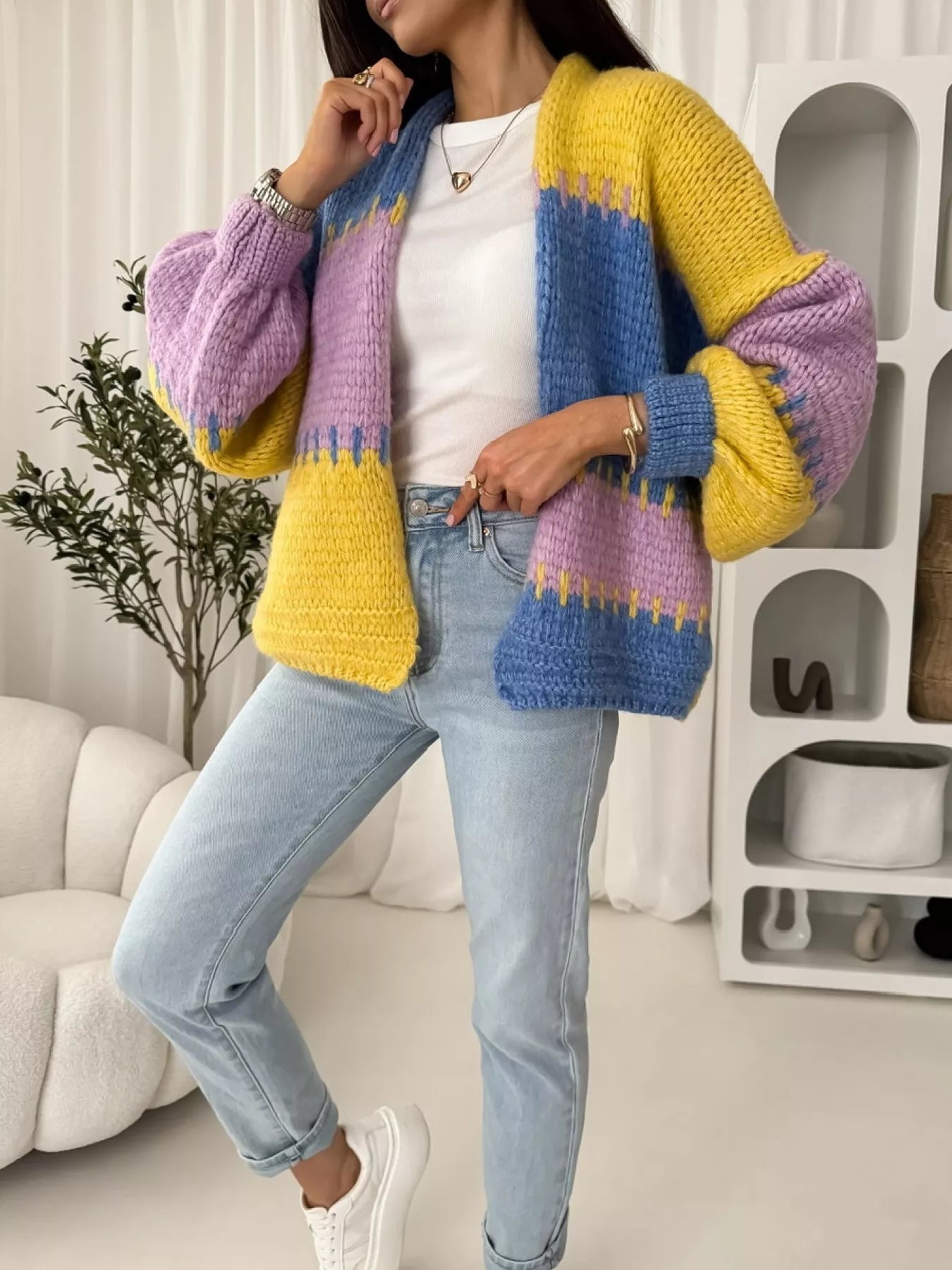 Color Block Open Front Cardigan 