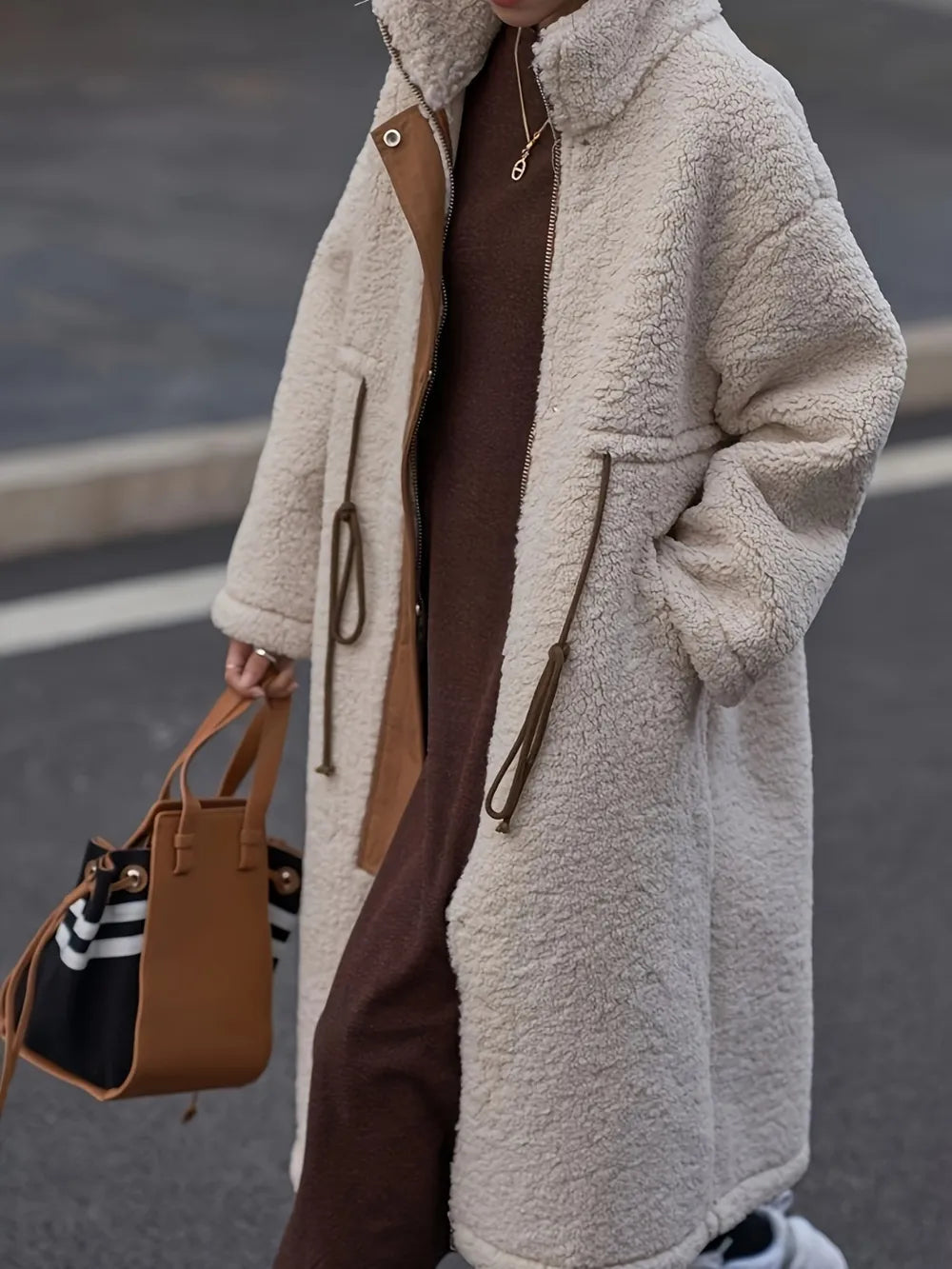 Plus Size Drawstring Zip Up Turtleneck Sherpa Coat 