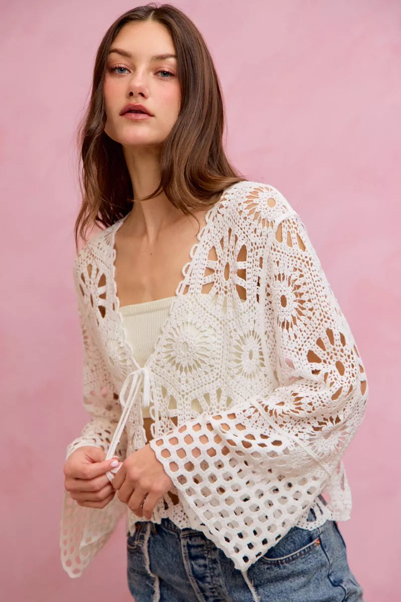 SO ME Floral Pattern Crochet Knit Tie Front Crop Cardigan 