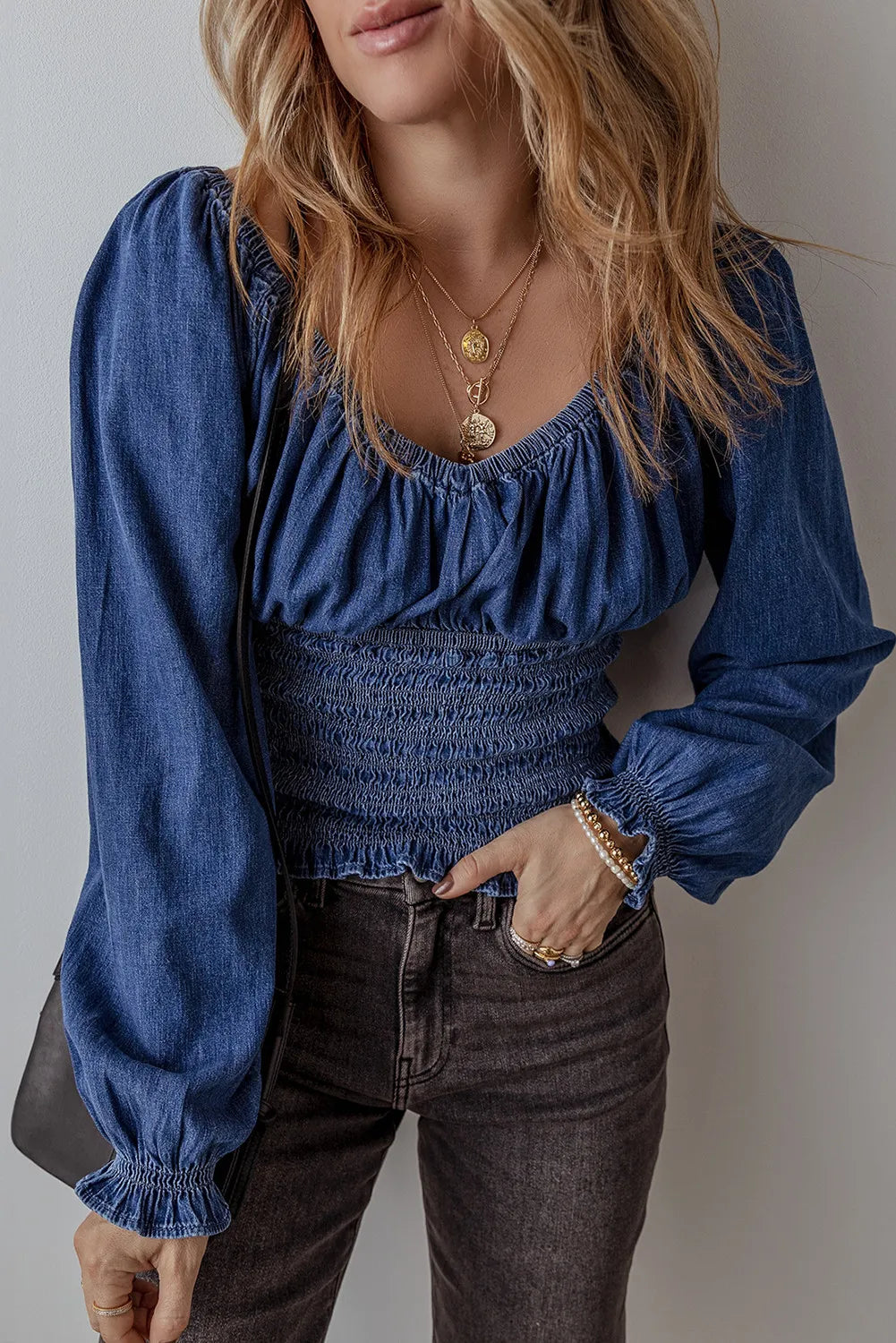 Smocked Long Sleeve Denim Top 