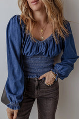 Smocked Long Sleeve Denim Top 