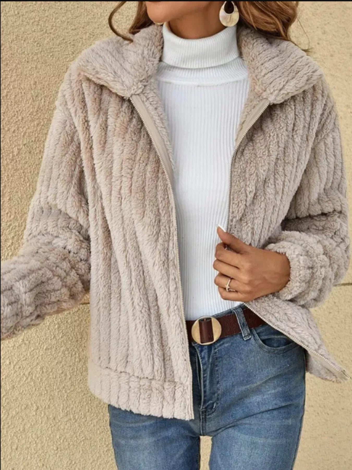 Full Size Zip-Up Long Sleeve Texture Jacket Plus Size 