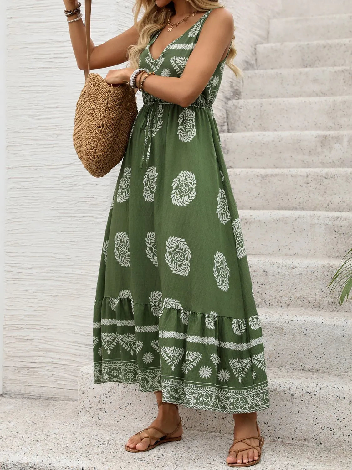 Printed V-Neck Sleeveless Dress 