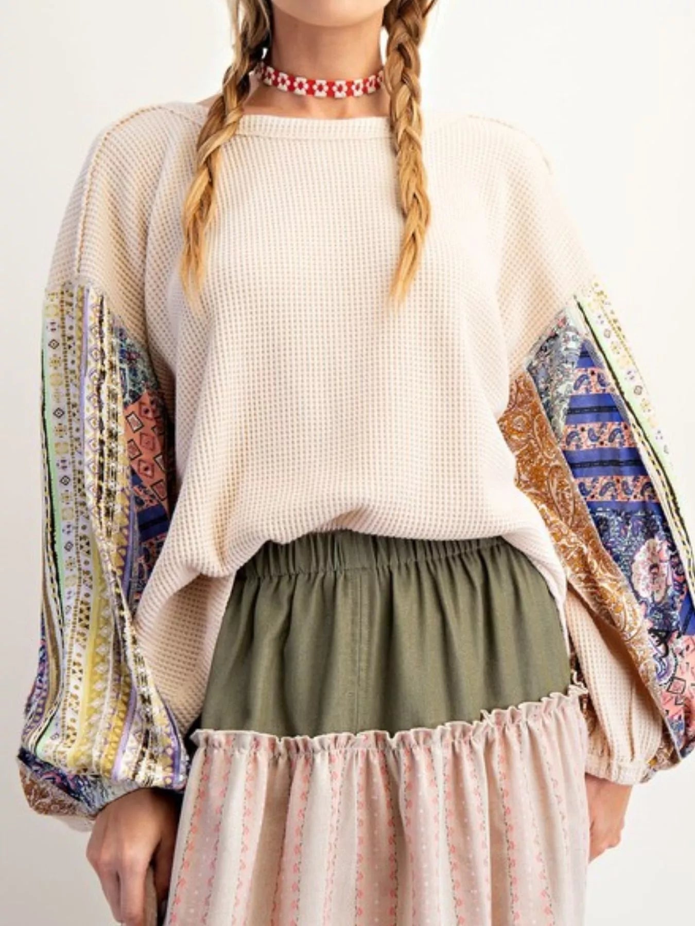 Waffle Knit Round Neck Dropped Shoulder Sweatshirt 