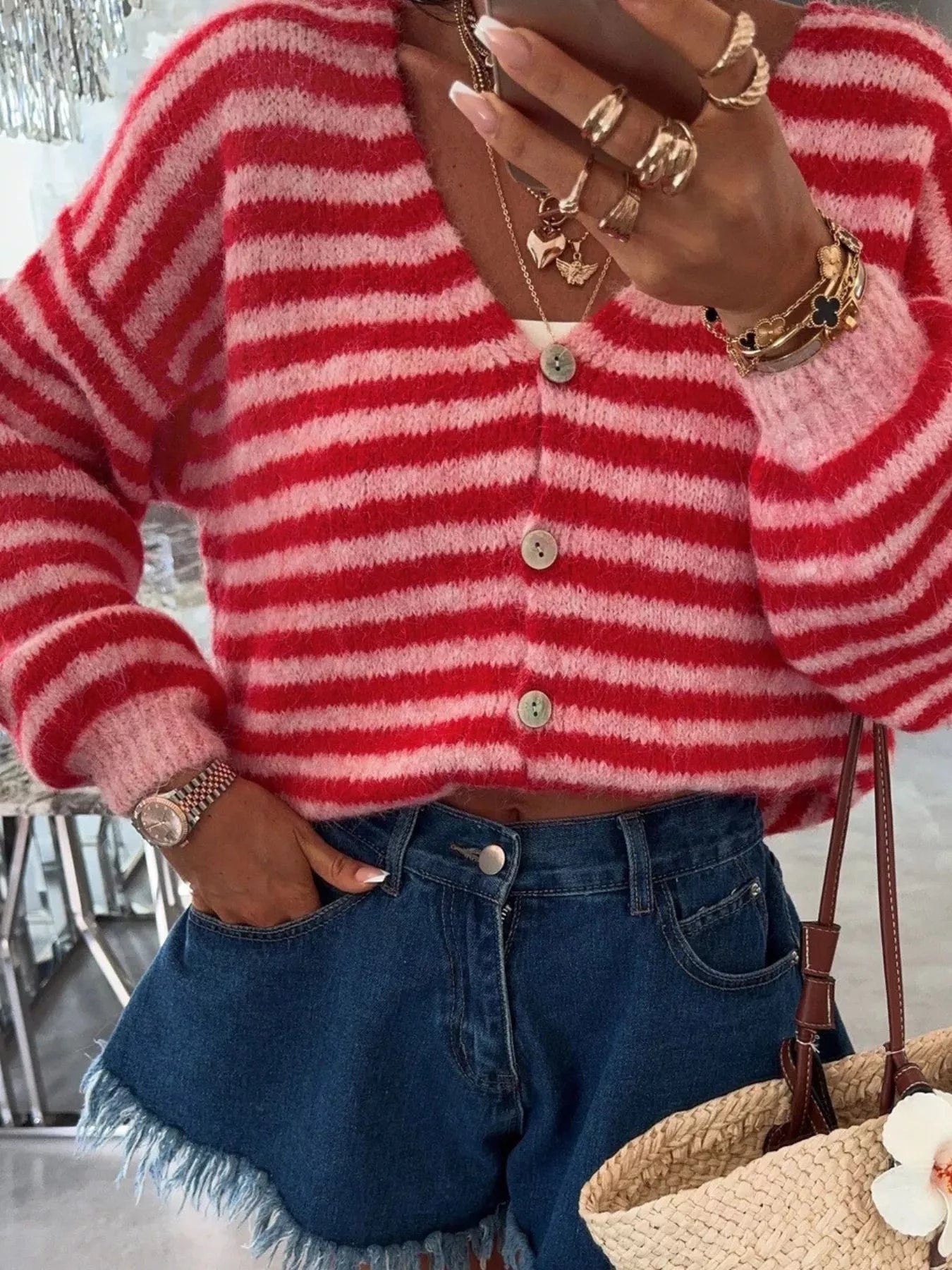 Striped Knit Button-Down Cardigan 