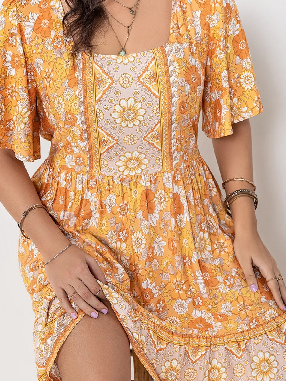 Plus Size Printed Square Neck Short Sleeve Dress 