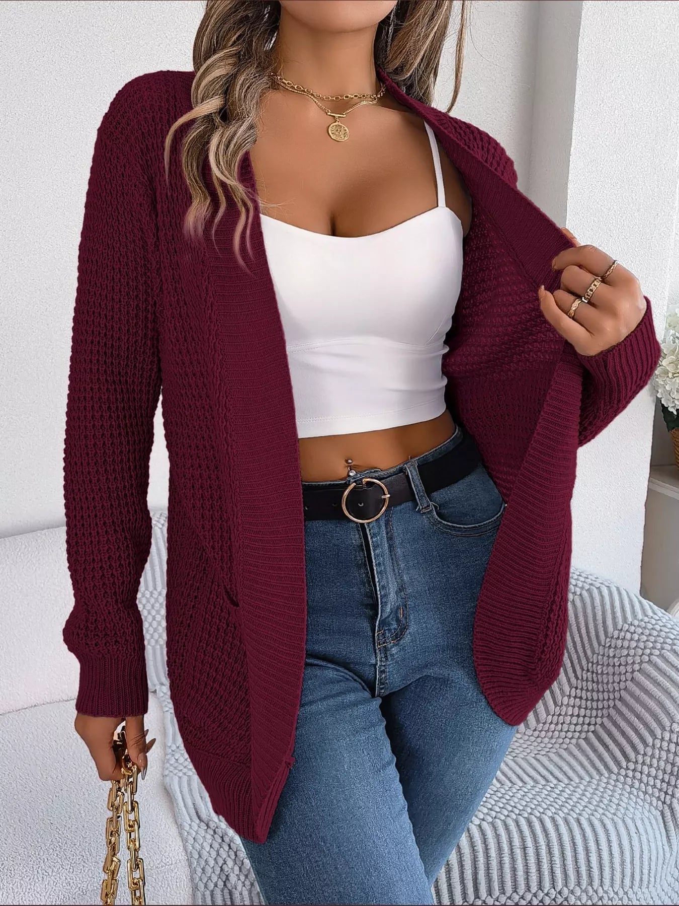 Chunky Knit Open Front Cardigan with Pockets 