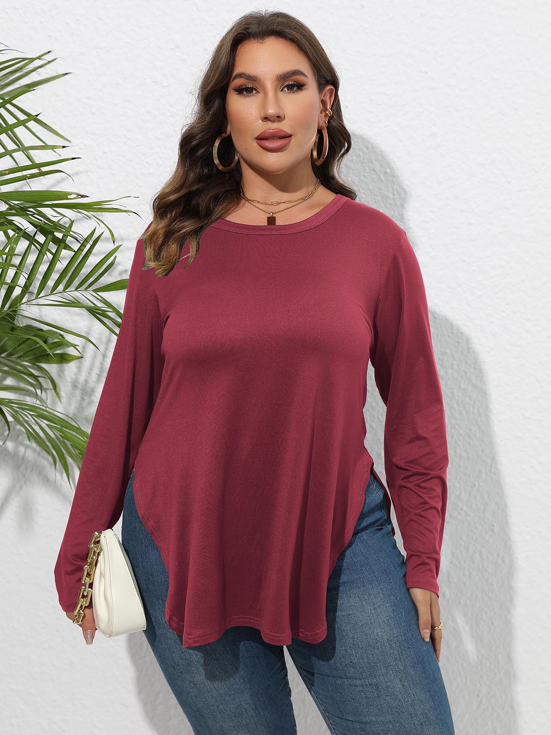 Plus Size Round Neck Long Sleeve Slit T-Shirt 