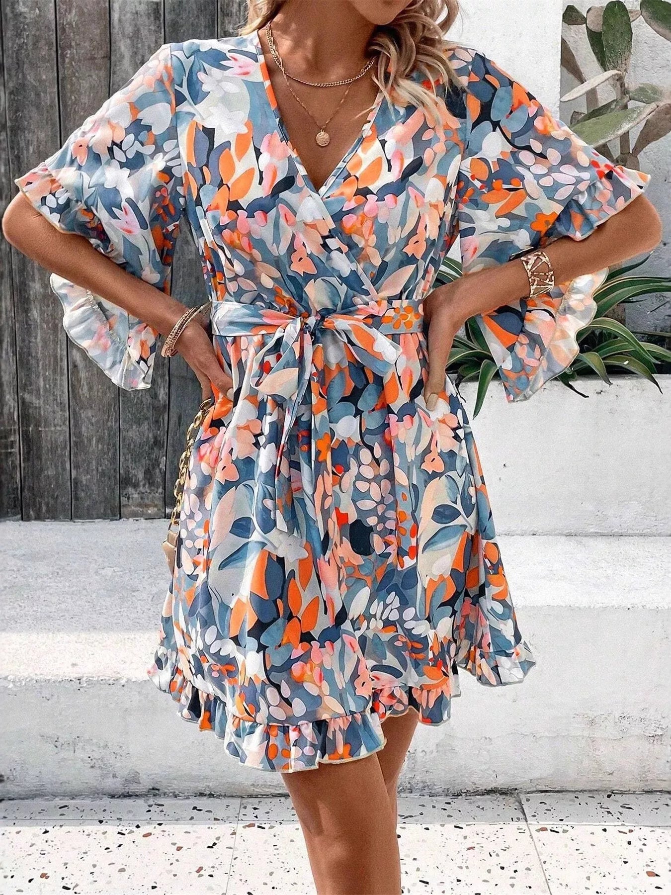 Printed Surplice Half Sleeve Dress 