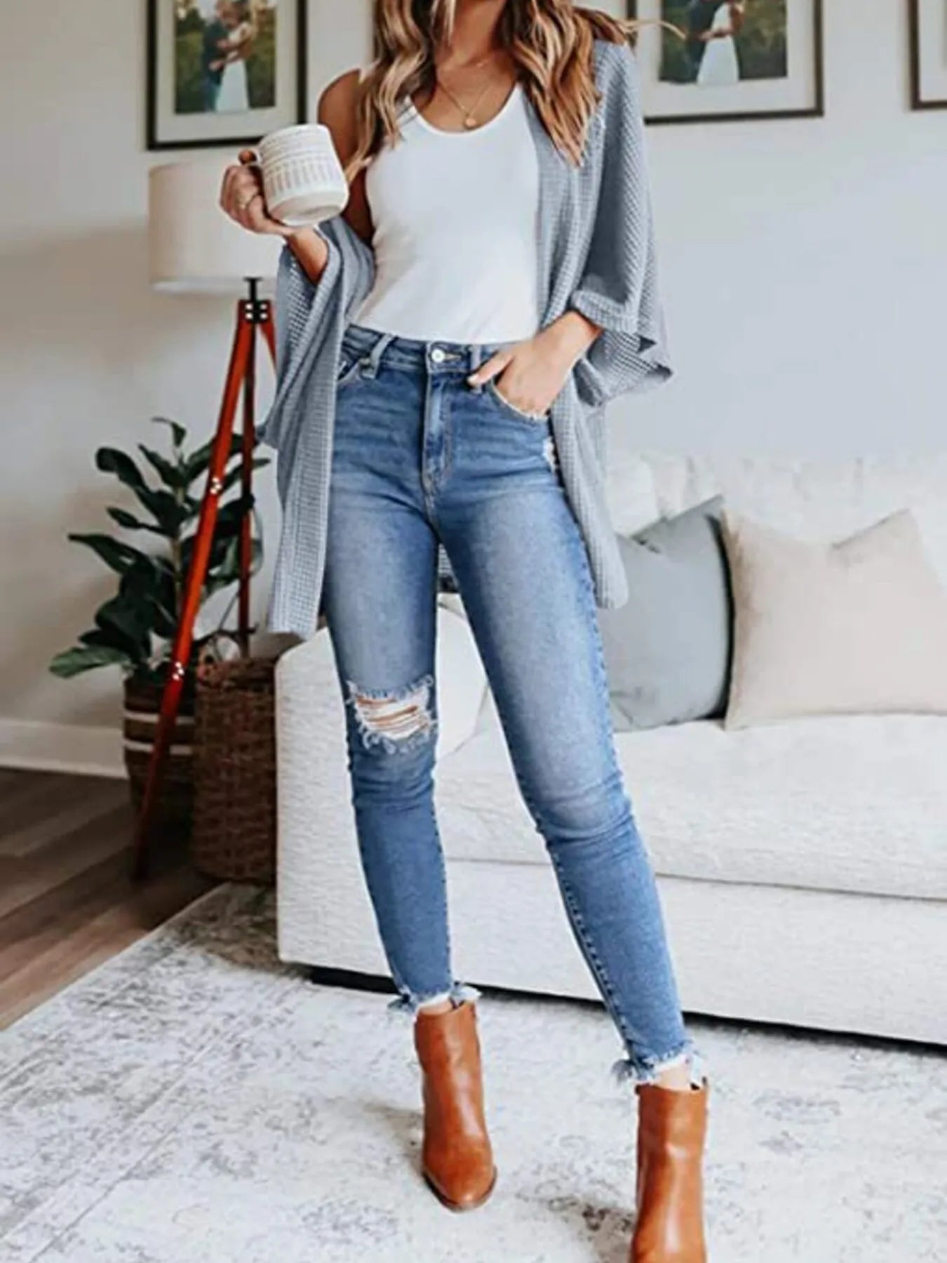 Full Size Open Front Waffle Knit Cardigan Plus Size 