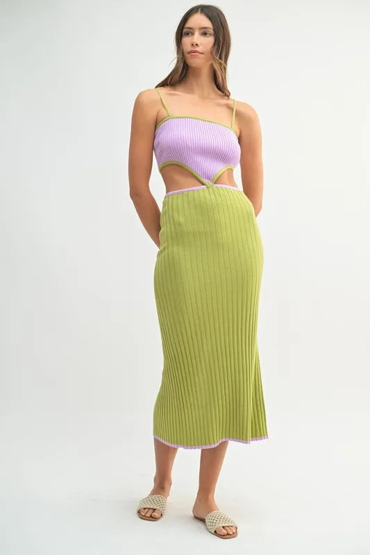MABLE Ribbed Knit Color Block Cutout Midi Dress 