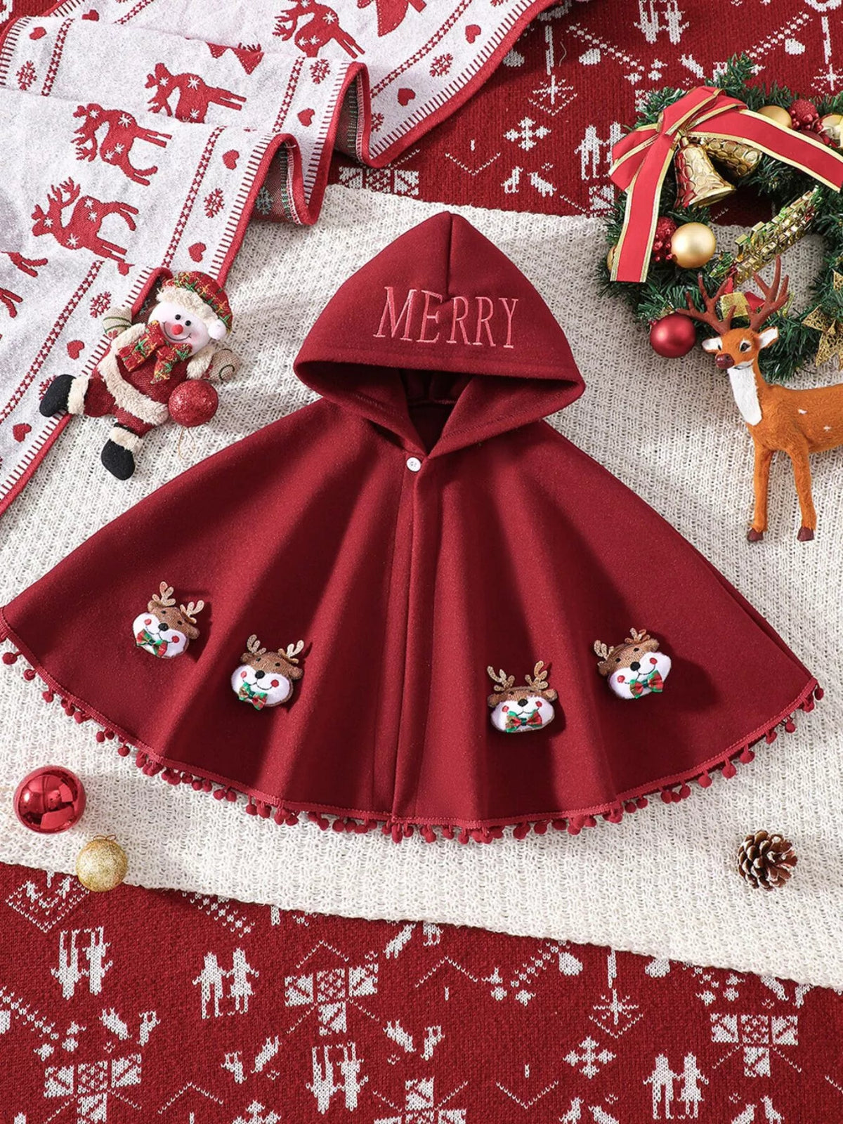 Children's Reindeer Embroidered Christmas Cape Outerwear 
