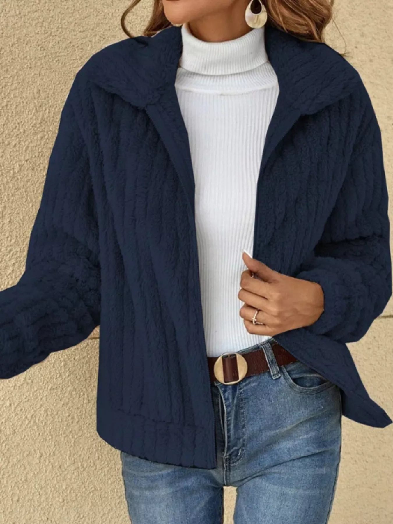 Full Size Zip-Up Long Sleeve Texture Jacket Plus Size 