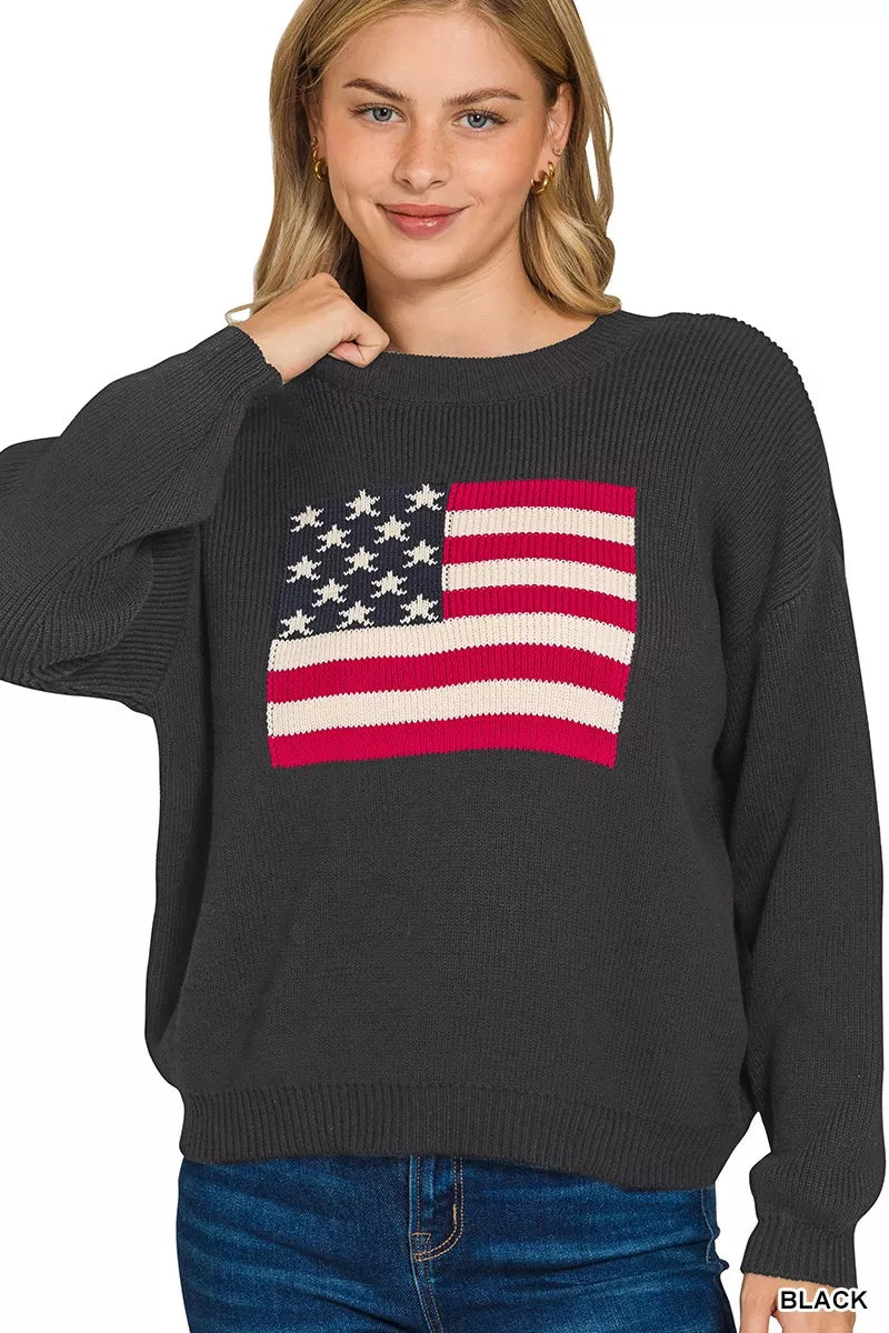 Zenana American Flag Crew Neck Sweater 