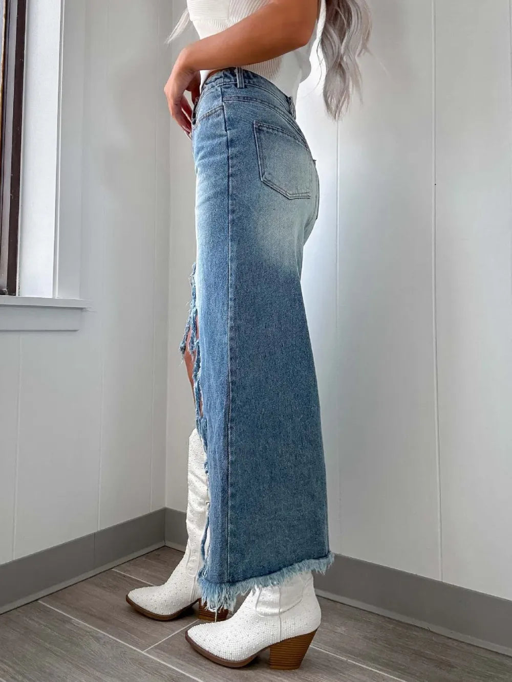 High-Waist Raw Hem Asymmetry Denim Skirt 