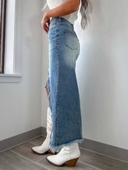 High-Waist Raw Hem Asymmetry Denim Skirt 