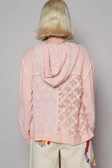 POL Exposed Seam Button Down Hooded Jacket with Lace Detail 