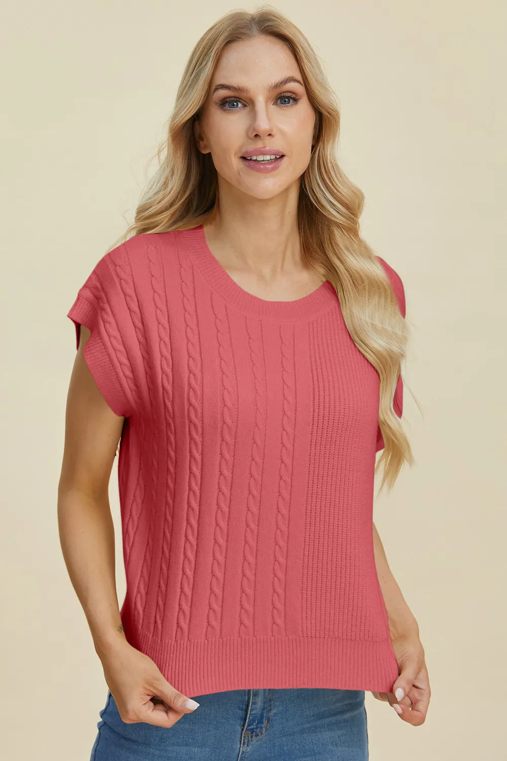 Double Take Full Size Cable-Knit Round Neck Short Sleeve Sweater 