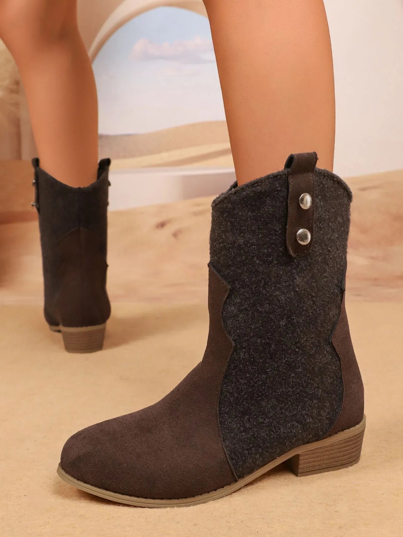 Mid-Calf Western Boots with Block Heels 