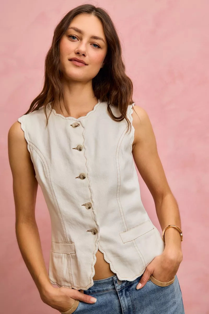 SO ME Scalloped Edge Cotton Twill Washed Vest Top 