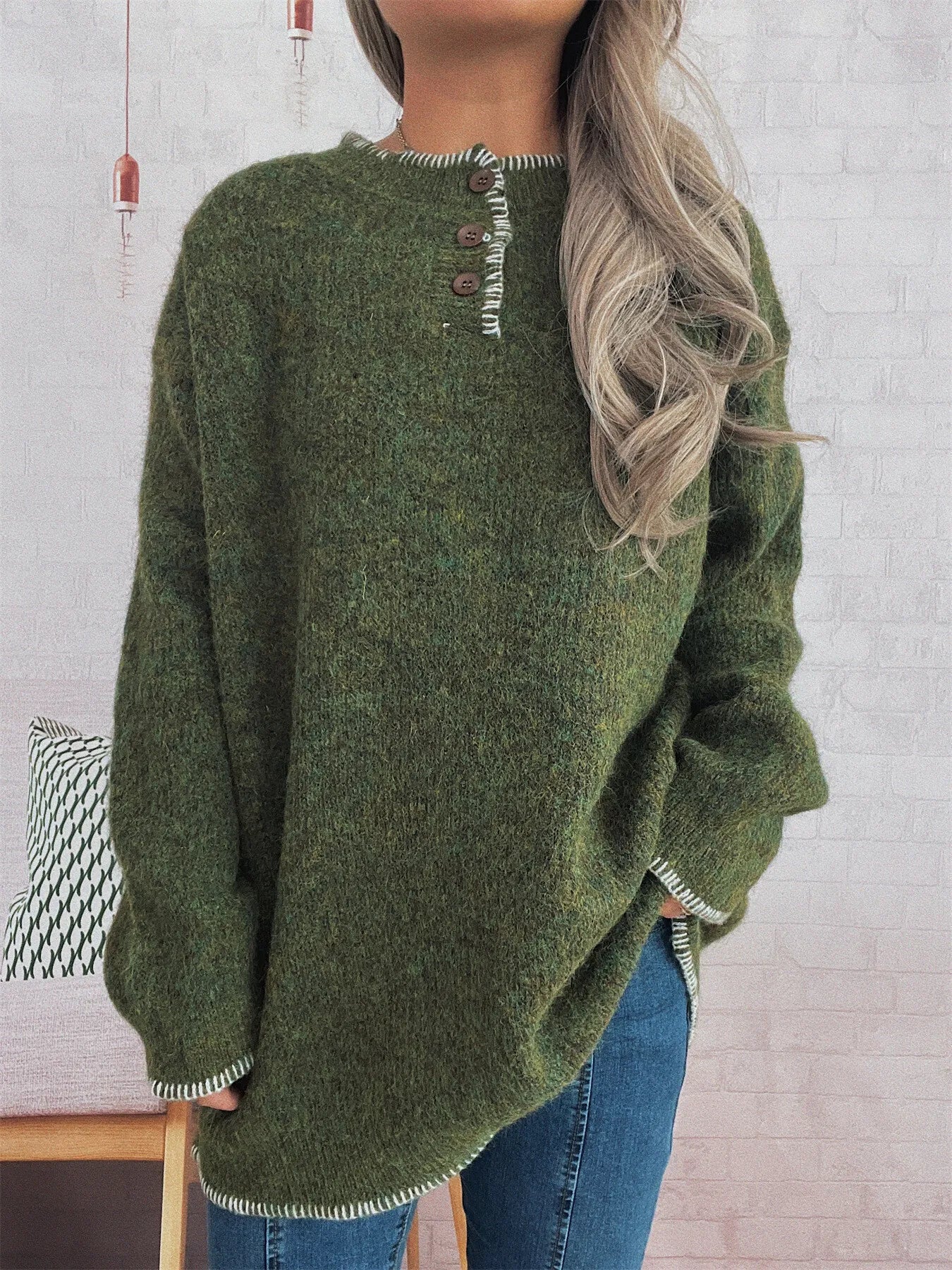 Ribbed Button Detail Long Sleeve Sweater 