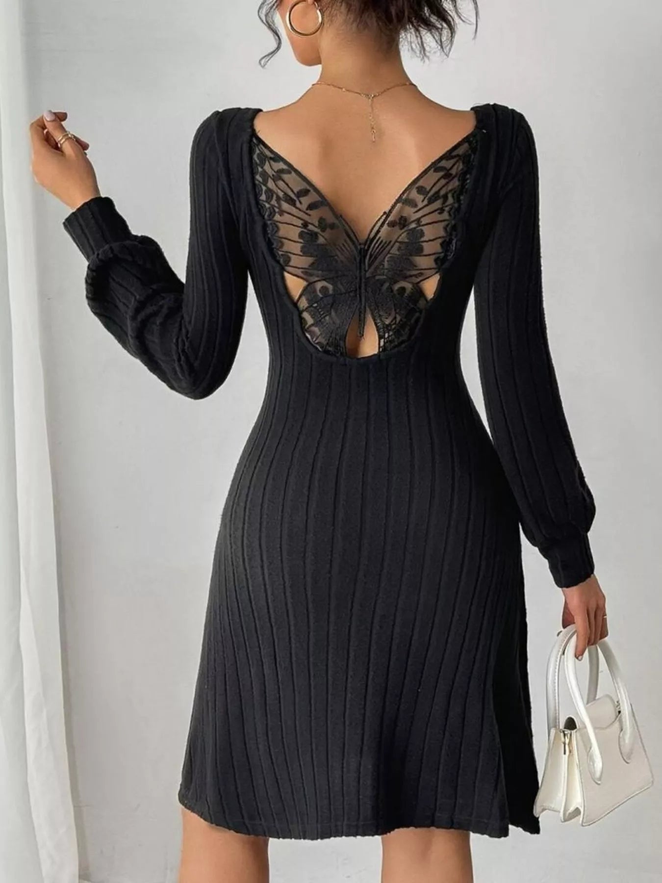 Butterfly Back Ribbed Square Neck Dress 