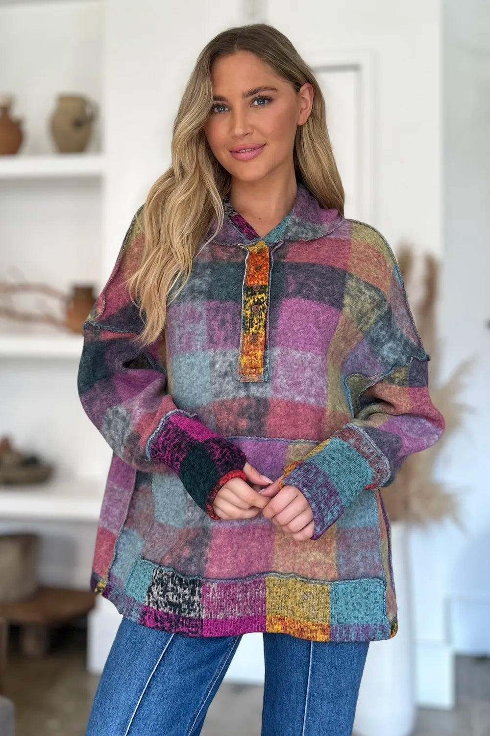 Double Take Full Size Plaid Dropped Shoulder Fleece Hoodie 