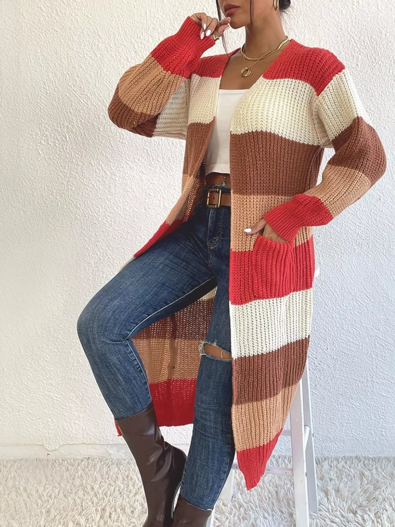 Striped Color Block Open Front Knit Cardigan 