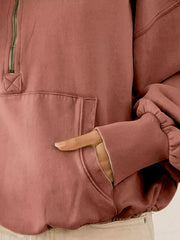 BiBi Stitch Detailed Elastic Hem Half Zip Fleece Hoodie 