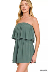 Zenana Woven Crinkle Strapless Rompers 