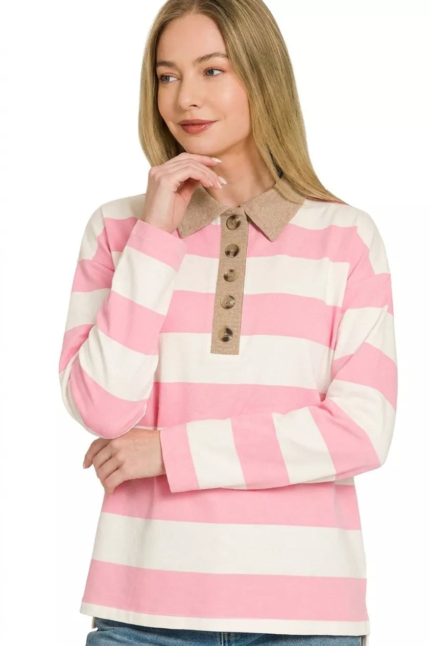 Zenana Striped Contrast Collar Polo Top 