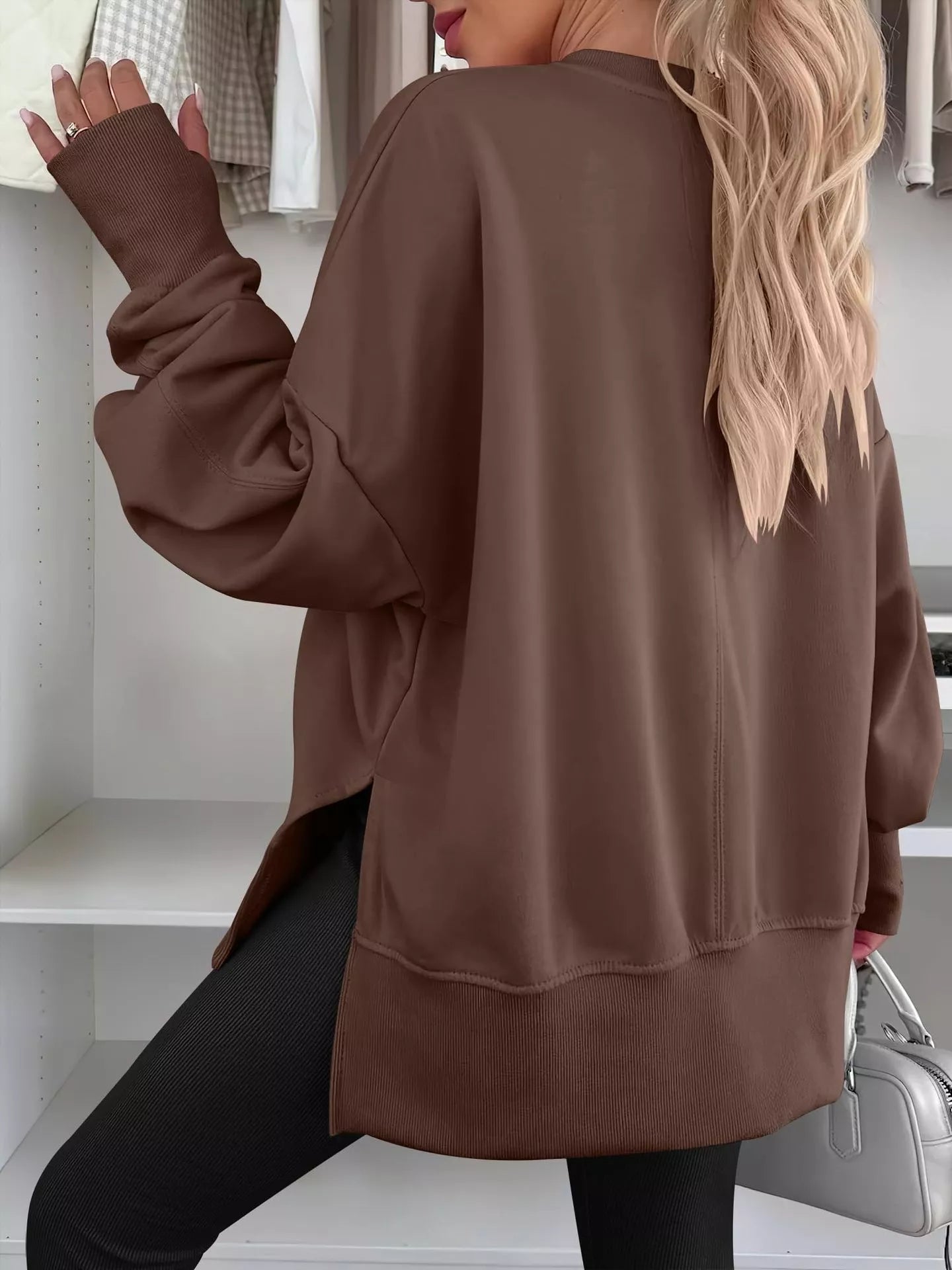 Side Slit Round Neck Long Sleeve Sweatshirt 