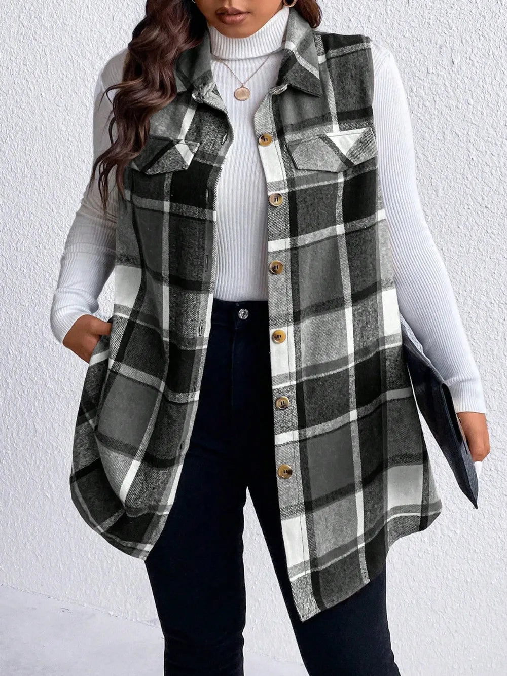 Honey Plus Size Pocketed Plaid Button Up Vest Coat 