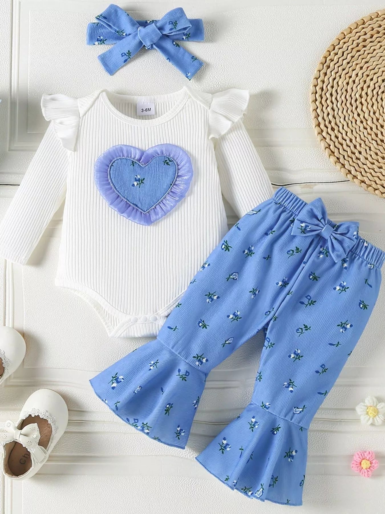Children's Ruffled Bodysuit and Floral Pants Outfit Set with Headband 