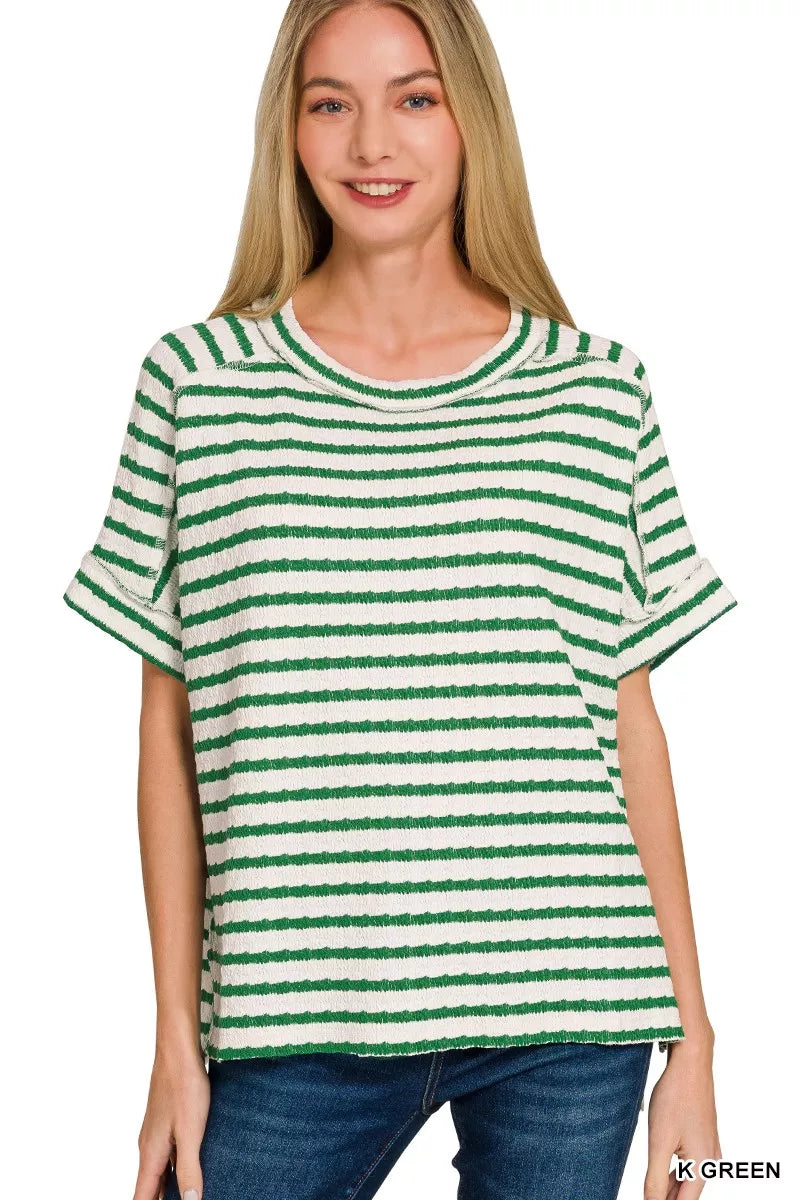 Zenana Stripe Jacquard Round-Meck Tee 