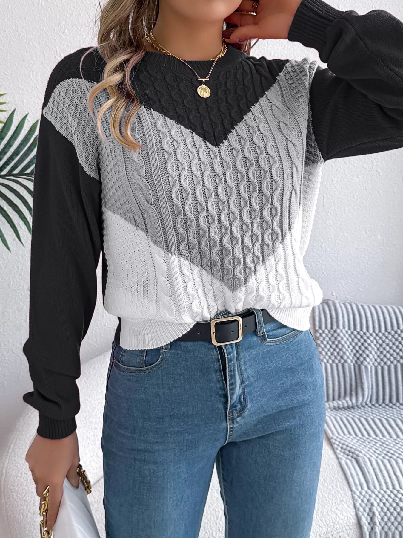 Color Block Cable Knit Sweater 