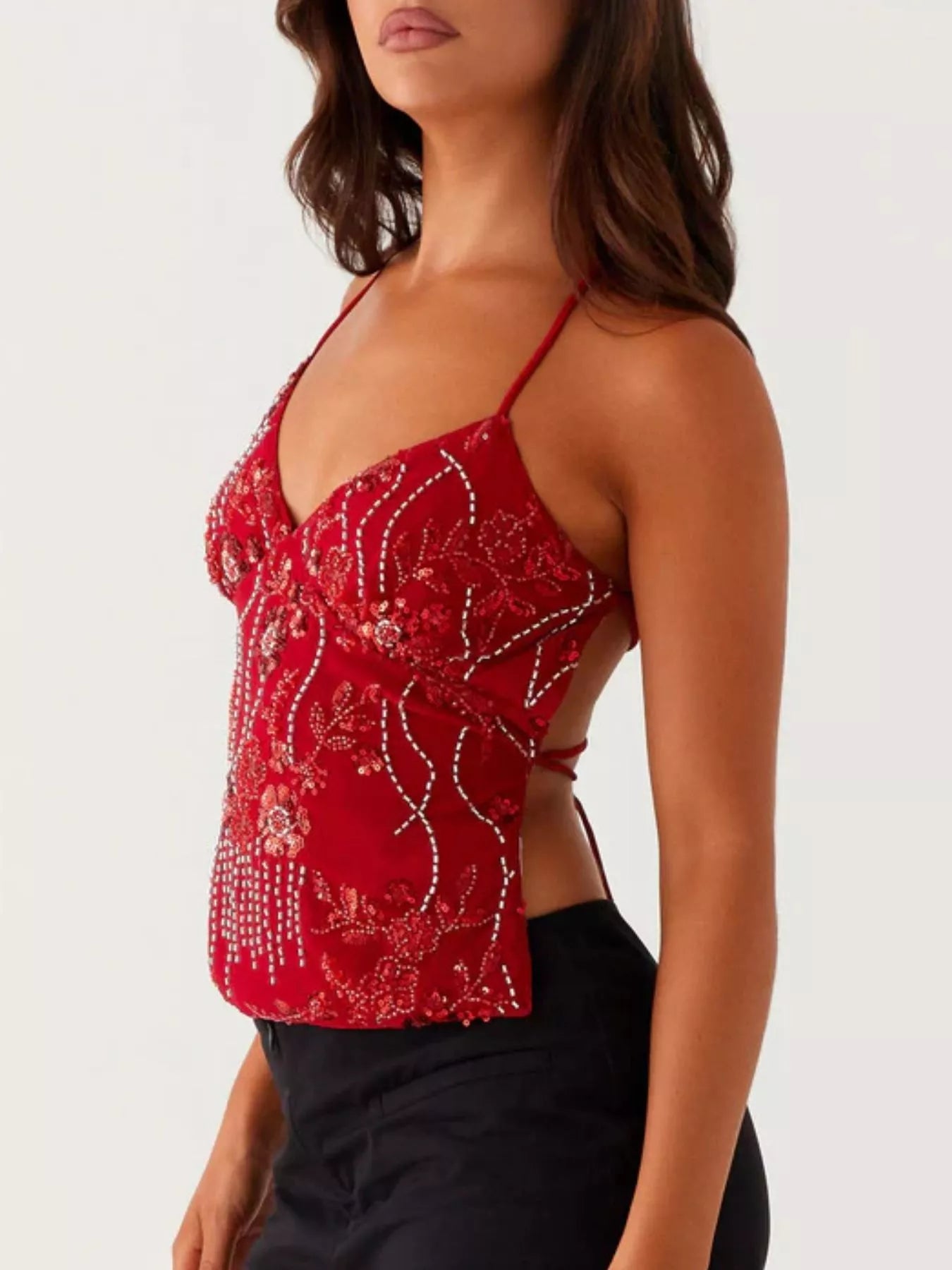 Floral Lace Up Back V-Neck Cami 