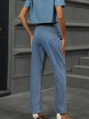 Pearl Detail Straight Jeans with Pockets 