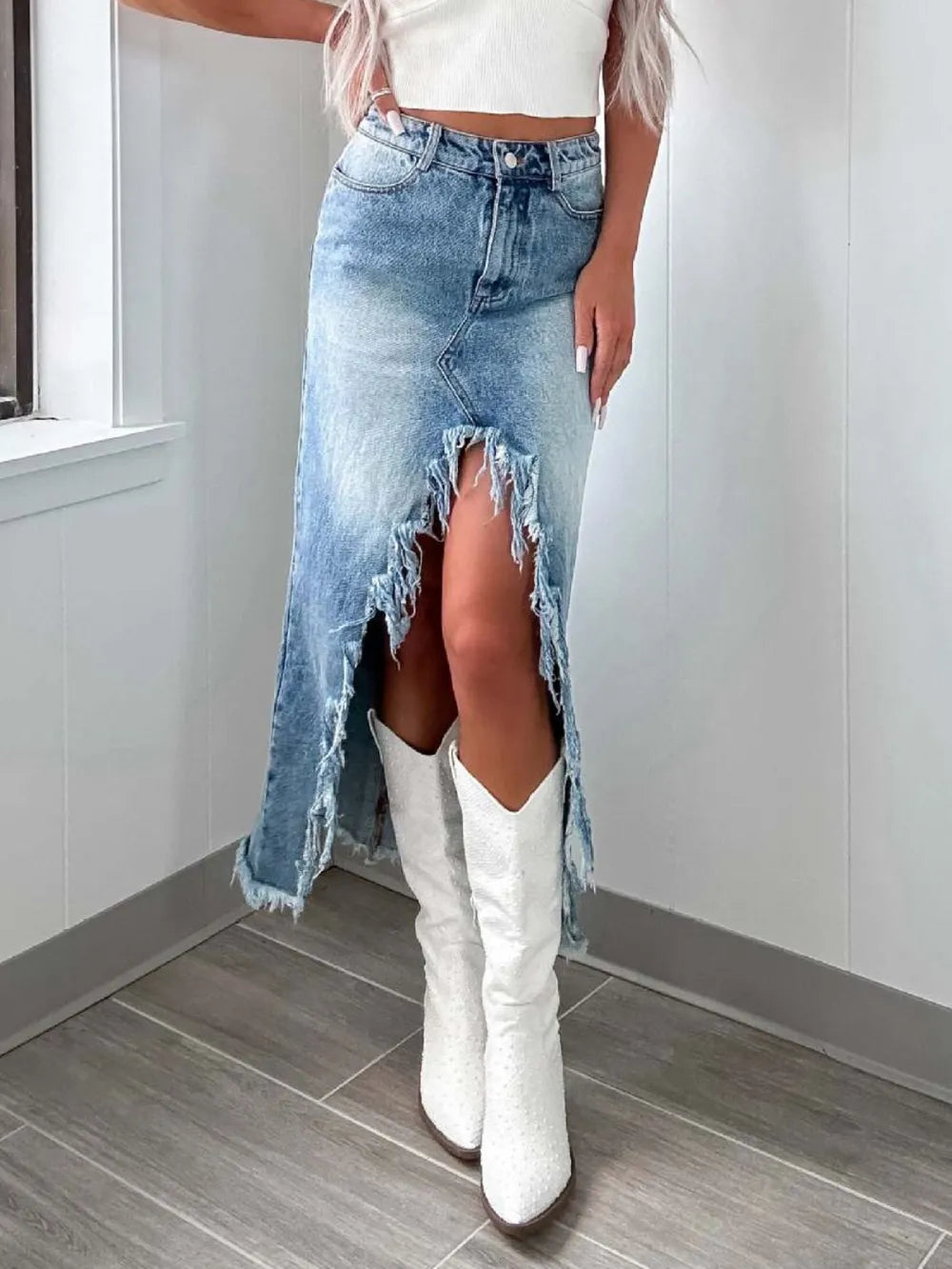 High-Waist Raw Hem Asymmetry Denim Skirt 