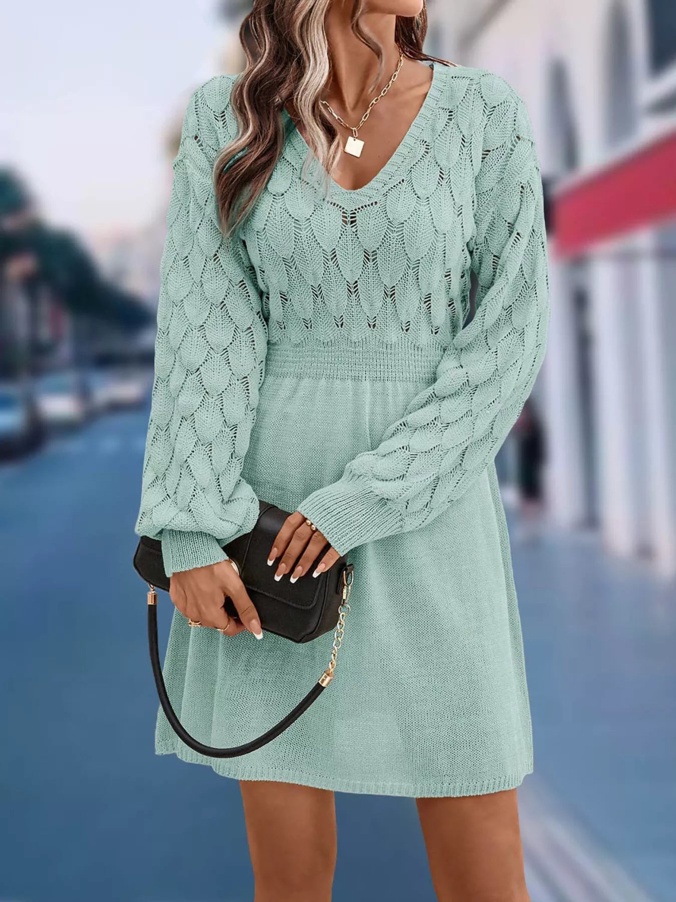 V-Neck Long Sleeve Sweater Dress 